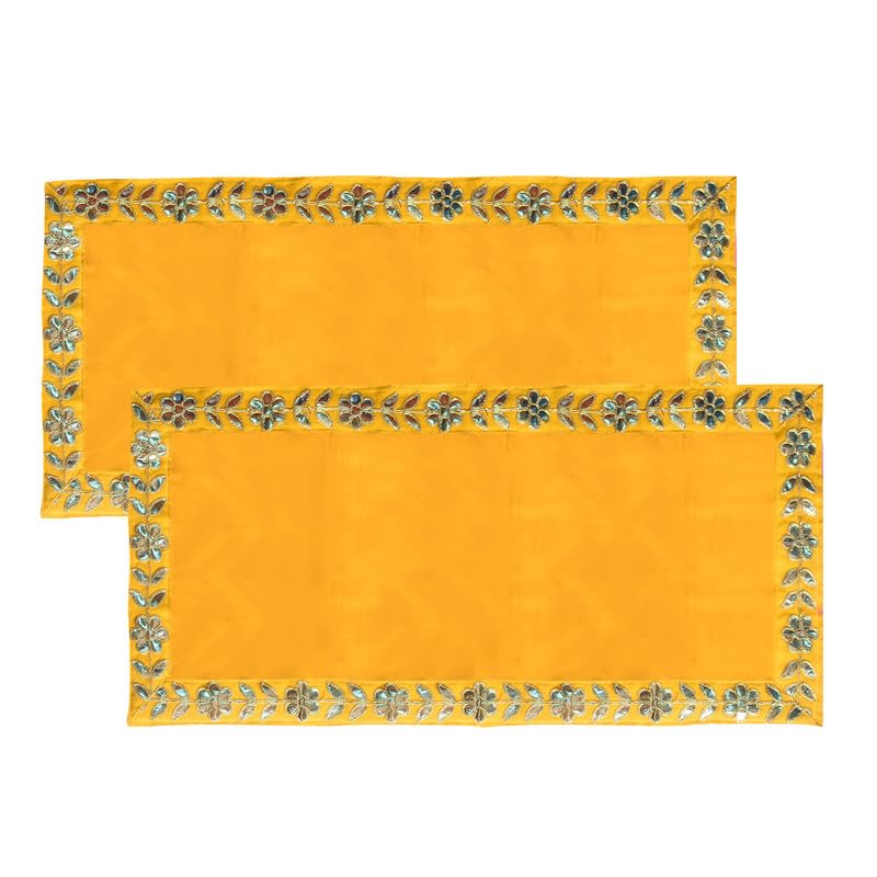 Dulhan DLC 13 x 27 inch Designer Long Yellow Velvet Cloth for puja mandir Table, Pooja Asan for God Idol Altar Cloth for Diwali navratra ganpati Festival Pack of 2 pc bhagwan aasan for Home Temple