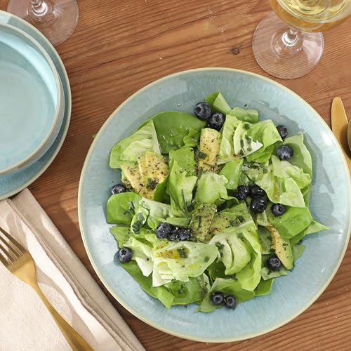 Image of Gibson Elite Pine Coast Plates and Bowls Sets, 12-Piece Stoneware Dinnerware Sets, Reactive Glaze Dish Set - Blue