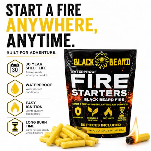 Black Beard Fire Plugs (50 Plugs) | 100% Weatherproof Fire Starter for Campfires | Can Light 50+ Fires | Extra Long Burn Time | 30 Yr Shelf Life for Emergency Survival Kits | Made in USA, Yellow - Image 2
