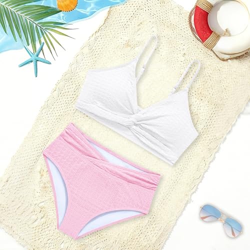 Image of Girls Swimsuit Solid Bathing Suit 2 Piece Twist Cross Adjustable Straps Soft Lining Bikini for Teen Girls with Chest Pad