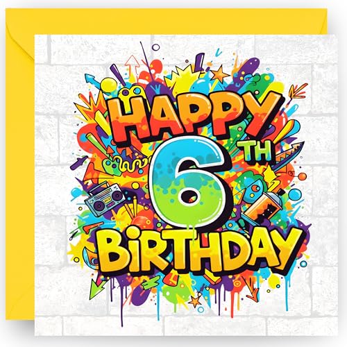 6th Birthday Card and Keepsake Gift for Boys or Girls Graffiti Style Design Happy 6 Years Old Birthday Greeting Card with Vibrant Yellow Envelope - Size 14cm
