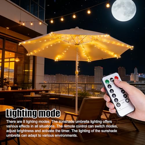 Sonnenschirm Beleuchtung mit Fernbedienung, 104 LEDs Sonnenschirmbeleuchtung, 8 Modi LED Sonnenschirm Lichter, Wasserdichte Umbrella Lights, Sonnenschirmleuchte für Gartenleuchten Campingzelte