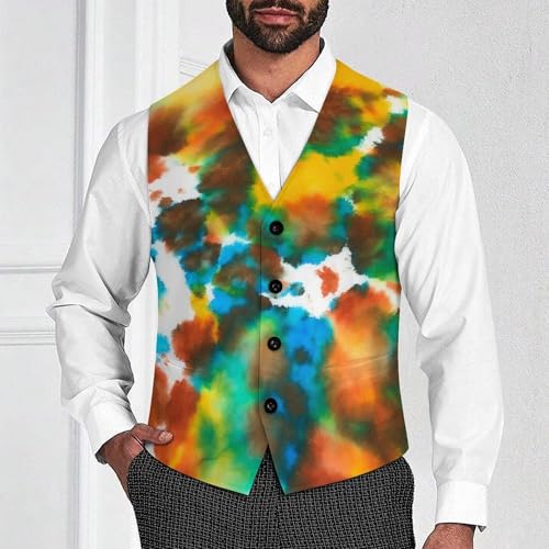 Colorful Tie Dye Green Drops Pattern Men's Suit Vest Slim Fit V-Ncek Waistcoat Business Casual Vest2