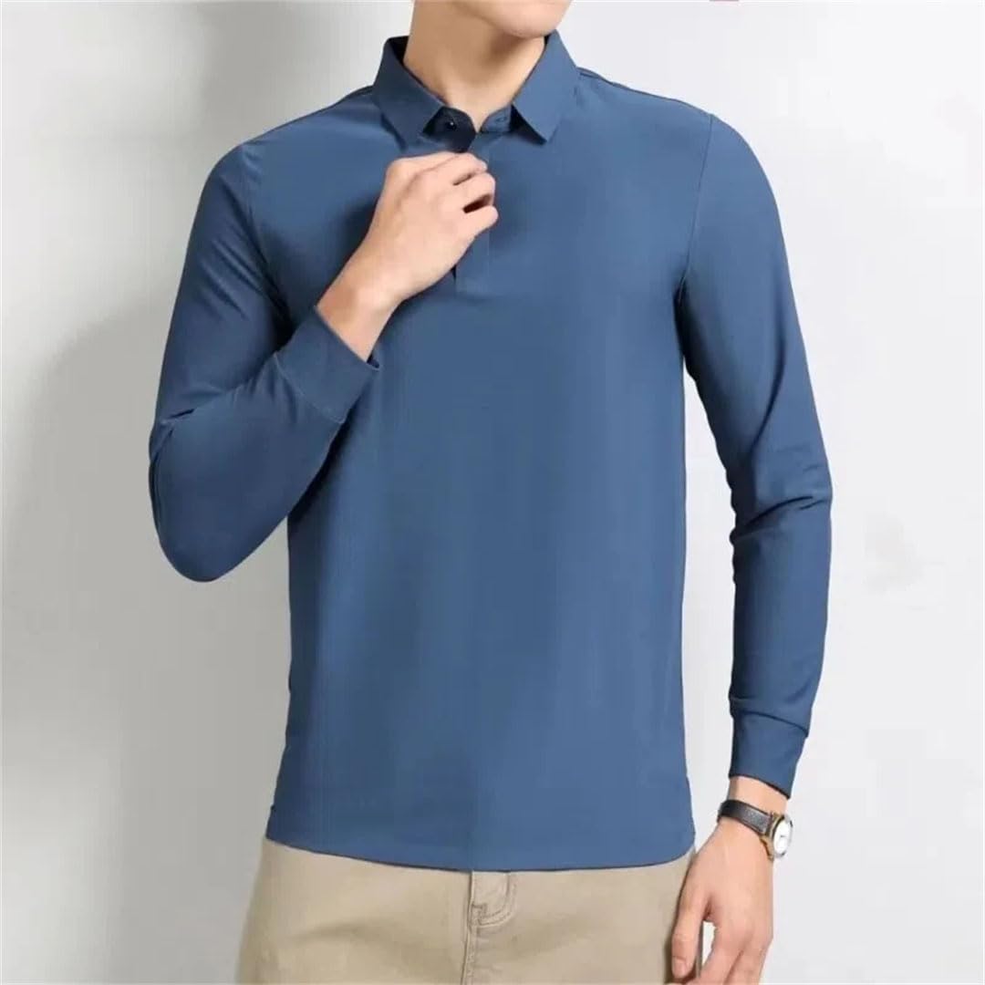 Suéter de manga larga para hombre, con solapa inteligente, de seda de hielo, con botones, elástico, de manga larga