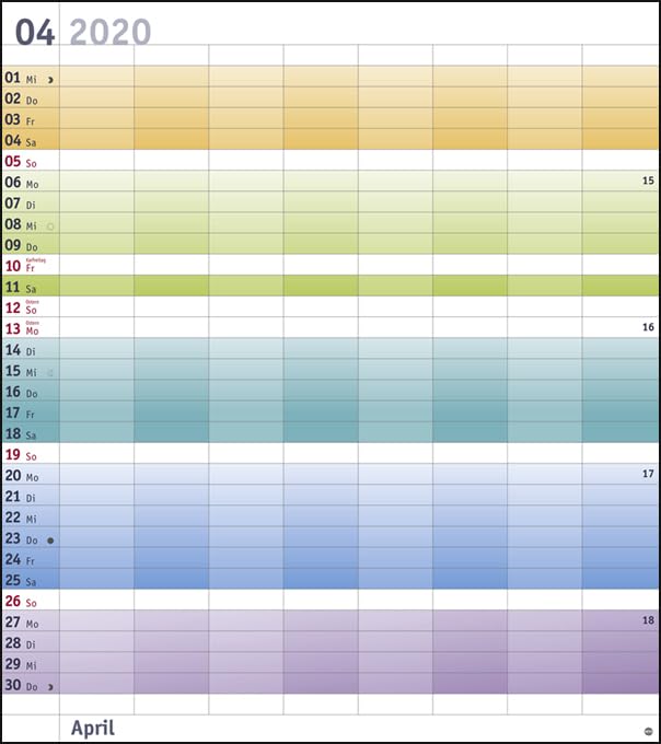 Bunte Wochen Planer XXL. Wandkalender 2020. Monatskalendarium. Spiralbindung. Format 40 x 45 cm