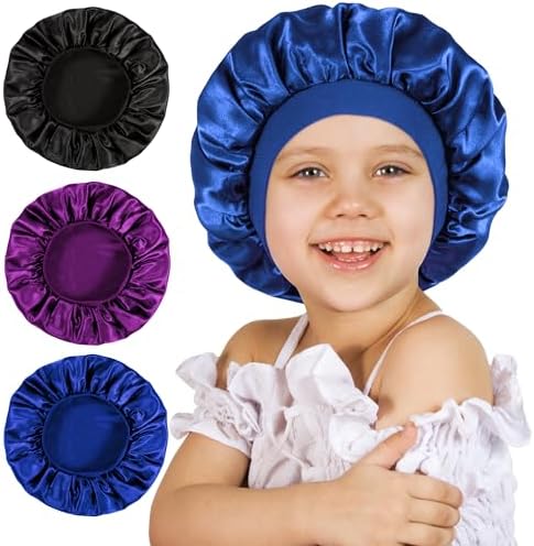 3 Pcs Bonnet for Kids, Kids Bonnets for Girls, Satin Silk Hair Bonnet for Sleeping, Soft Wide Band Sleep Cap for Curly Hair Braids for Teens Child Toddler