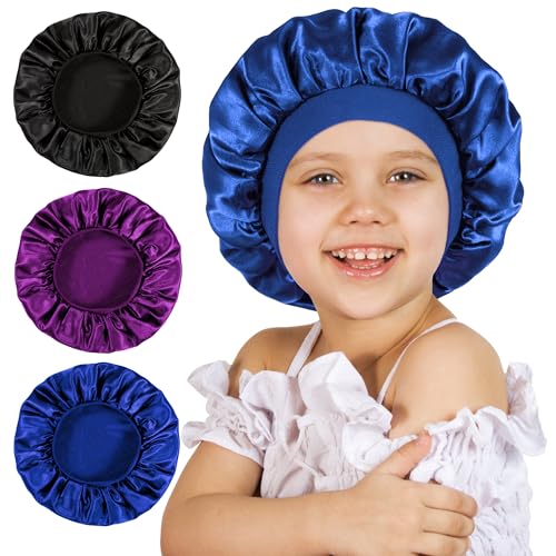 choshion - 3 Pcs Bonnet for Kids, Kids Bonnets for Girls, Satin Silk Hair Bonnet for Sleeping, Soft Wide Band Sleep Cap for Curly Hair Braids for Teens Child Toddler