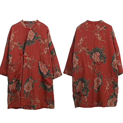 NFYM Women Cotton Jacket Kimono Soft Quilted Flower Printed Long Loose Outwear Coats with Pockets (as1, alpha, one_size, plus, regular, Red)3