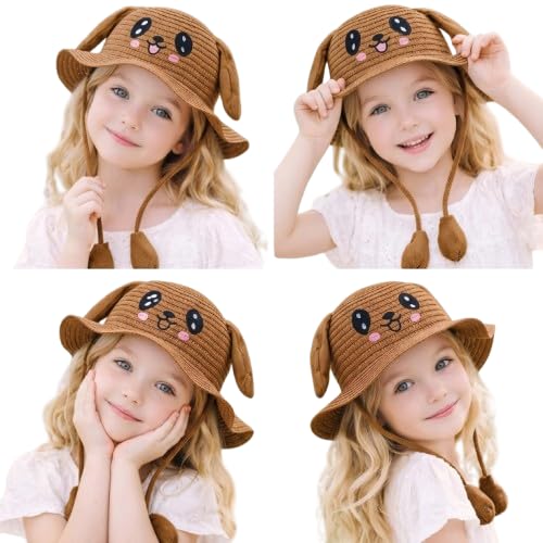 Image of FabSeasons Kids Cute Straw Sun Hat with Moving Ears (Ages 4-8 Years) | UV Protection, Wide Brim, Foldable, Beach Bucket Cap | Girls & Boys Breathable Summer Sun Hat with Inner Adjustable String