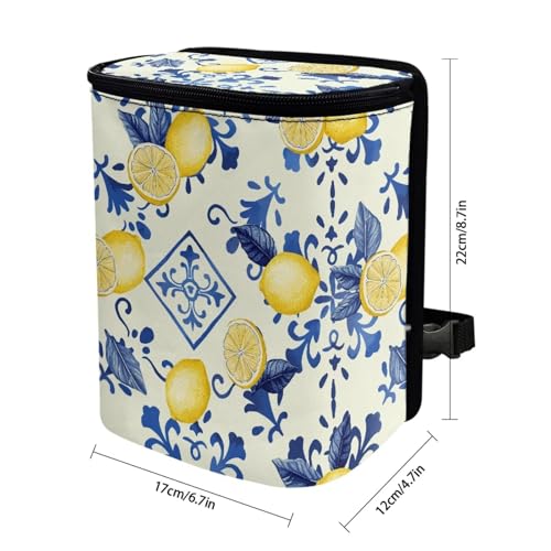 Image of Lemon Square Print Car Accessories Back Seat Multipurpose Car Trash Can with Lid, Leak Proof Waterproof Hanging Cars Garbage Can for Road Trip Travel