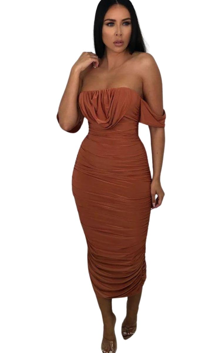 Femme Luxe Bardot Cowl Neck Ruched Midi Dress-Malia - Rust - 10