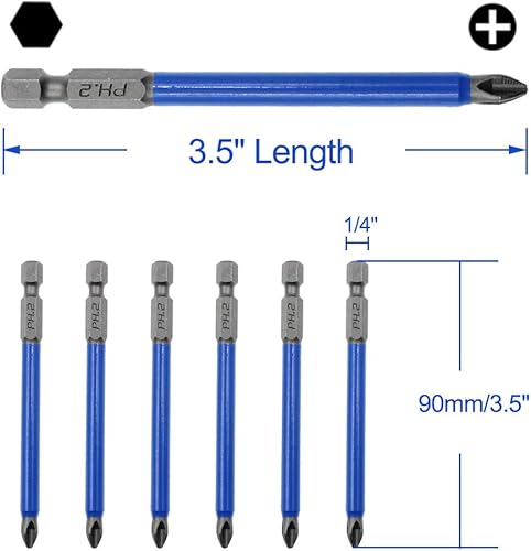 Miniatura 2 de Juego de 10 puntas magnéticas Phillips de 3.5 pulgadas, 2 puntas de destornillador eléctrico de cabeza cruzada antideslizantes, vástago hexagonal de
