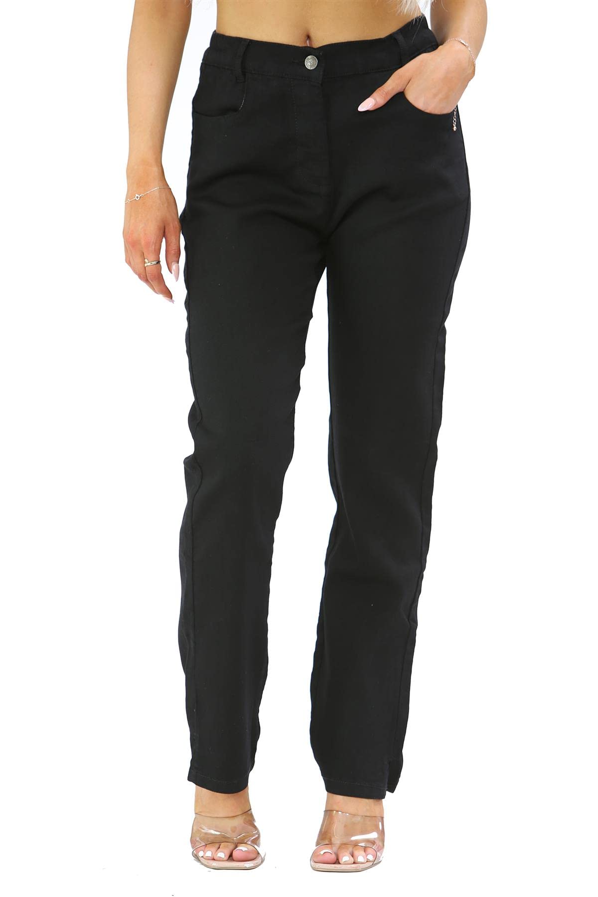 Myt Women's Black Side Elastic Waist Jeans Straight Leg Regular Fit Denim Pants Waist Size 24