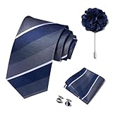 joy alice Ties Set Men Mixed Color Necktie Handkerchief Cufflinks Brooch 3.15 Formal (Blue Grey Striped)