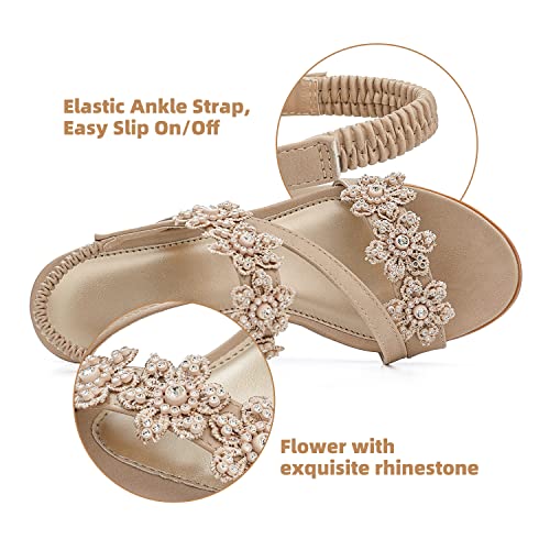 Shibever Wedge Sandals For Women Bohemia Elastic Ankle Strap Sandals Open Toe Flower Rhinestone Summer Platform Shoes Sandal Beige 7 #TOP2