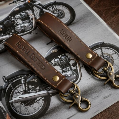 Image of Personalised Genuine Leather Biker Keychain | Compatible with ROYAL ENFIELD BIKE | Custom Name, Initials or Number Engraving | Premium Motorcycle Keychain Gift