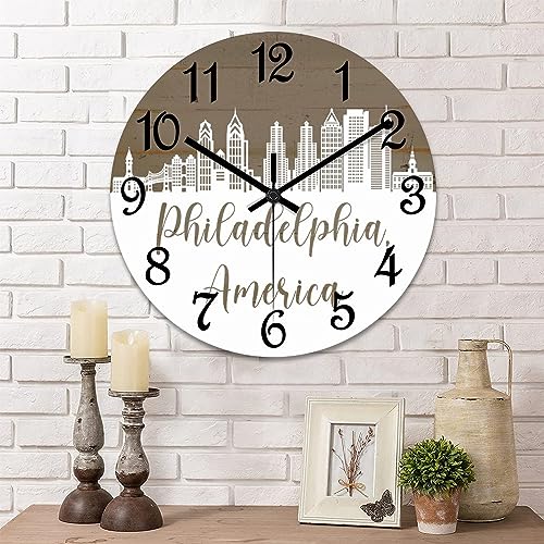 Yelolyio Philadelphia City Skyline - Reloj de pared redondo con diseño de paisaje urbano de Filadelfia, funciona con pilas, silencioso, moderno, decoración del hogar para oficina, aula, dormitorio,