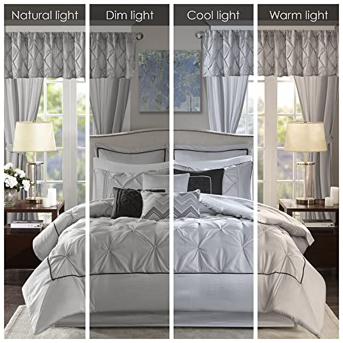 Image of Madison Park Essentials Room in a Bag Faux Silk Comforter Set - Luxe Diamond Tufting All Season Bedding, Matching Curtains, Decorative Pillows, Grey King(104 inchx92 inch) 24 Piece