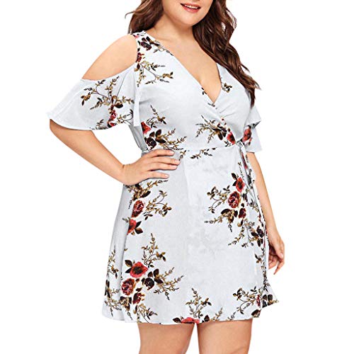 Plus Size Short Sleeves Wrap V Neck Belted Empire Waist Asymmetrical High Low Bohemian Party Maxi Dress White