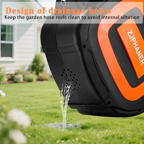 1/2 inch 100FT Retractable Garden Hose Reel, Handheld & Wall-mounted with Drainage Holes/10-Mode Spray Nozzle/Any Length Lock/180° Swivel Bracket for Watering Plants, Washing Car/Floor/Window (Orange) - Image 4