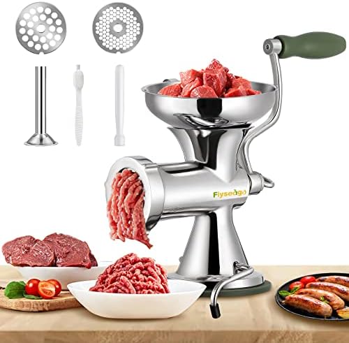 Flyseago Meat Grinder Manual Stainless Steel Food Grinding Machine Sausage Stuffer Hand Cranked Filler Mincer Chopper for Home Use Ground Beef Vegetables Processor Dish Washer Safe (#8)