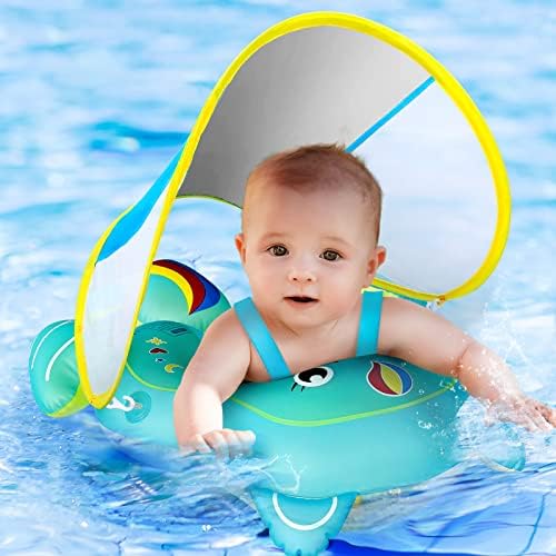 Ultra-Safe Baby Pool Float Never Flipped Over, UPF50+ Sun Canopy Inflatable Baby Float with Sponge Support Bottom, Portable Fun Gifts Water Swim Toys Baby Floats for Pool Infant, Toddler, 3-36Months