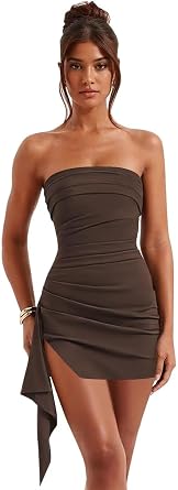 Strapless Homecoming Dresses for Teens 2026 Satin Short Prom Dress Pleated Tight Cocktail Party Gown with Slit KN059