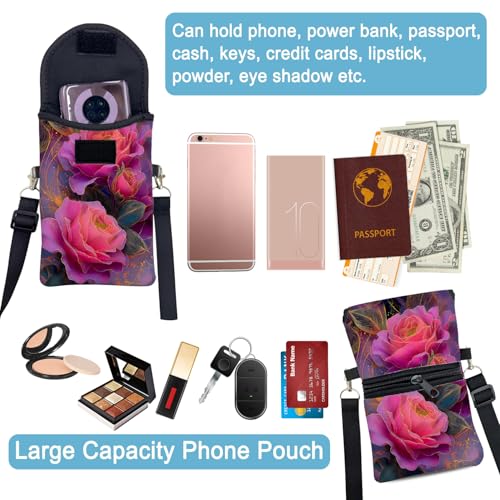 Image of Neoprene Cell Phone Sleeve Pouch Case Bag with Crossbody Strap Neck Lanyard for Women 7.5 X 4.3 in Beautiful Flowers