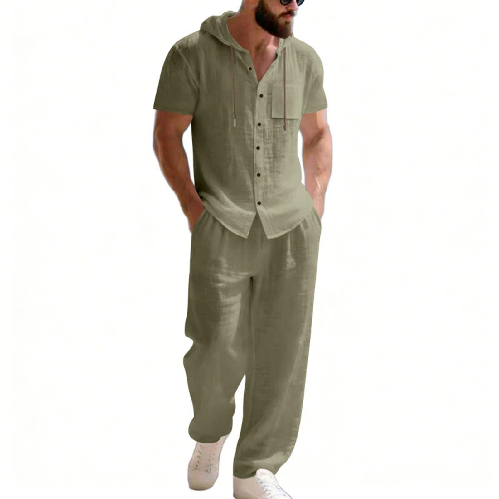 Sommeranzug Herren Leicht Leinen Set Kurzarmhemd Und Hose Sommer Outfit Set 2 Teiliges Strandanzug Einfarbig Casual Hawaii Kostüm mit Kapuze Freizeitanzug Leinenanzug