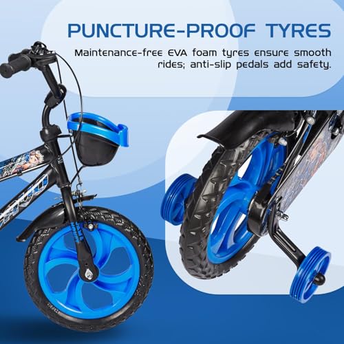 Image of Amazon Brand - Jam & Honey Kids 14T Bicycle | Sturdy Steel Frame | EVA Tyres | Adjustable Seat & Handlebar | Training Wheels | Front Basket | Blue