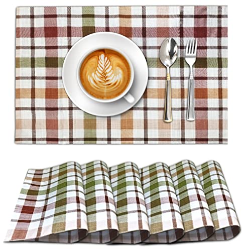 Ruvanti Placemats 100% Cotton 13X19 Inch, Dining Table Placemats Set Of 6, Modern Place Mats For Dining Table Decor, Kitchen & Table Linens, Coffee Mat For Christmas Dinners – Multi Check Brown #TOP18