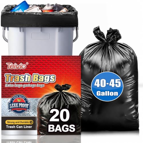 Image of Teivio 40-45 Gallon Large Black Trash Bags 20 Count 39+ Gal Garbage Bags | Fit 35,39,40,42,45Gal,Extra Lawn And Leaf Bags Outdoor Yard Workshops Plastic Bins Can Liners for Office Car Commercial Waste