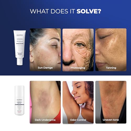 Image of Aqueria Daily Brightening Essentials Kit | Hydrating & Brightening French Sunscreen SPF 50 PA+++ (50g) & 5.5% AHA BHA Underarm Roll On (50ml) | Reduces Tanning, Controls Sweat & Odor | Lightweight, No White Cast | Flora Fragrance