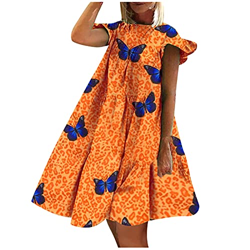 Vikaki Womens Summer Dress Short Sleeve Ruffle Sleeve Round Neck Mini Dress Cute Printed Loose Fit Flowy Shift Dress Orange, X-Large