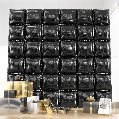 36pcs Black Square Foil Balloons Backdrop Kit - 9.5 x 9.5ft Black Balloon Wall/Tunnel for Birthday Photo Booth Class of 2026 Graduation Halloween NYE Decor (Straws & Ribbon Included)