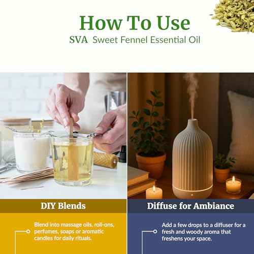 Image of SVA Sweet Fennel Essential Oil, Glass Bottle with Dropper, 4 Fl Oz (118 ml) | Sweet Fennel Essential Oil for Diffuser, Skin Care, Hair Care, Massage, Soap Making, Perfume Making, Fragrance & DIY Blending