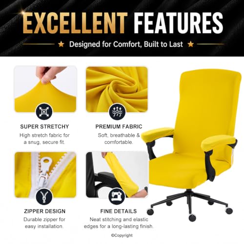 Image of DIVA EN CAMINO DEC Stretch Computer Office Chair Cover with Armrest Covers Durable Zipper Universal Washable Removable Spandex Rotating Boss Chair Slipcovers Anti-dust Soft Seat Protector, Yellow