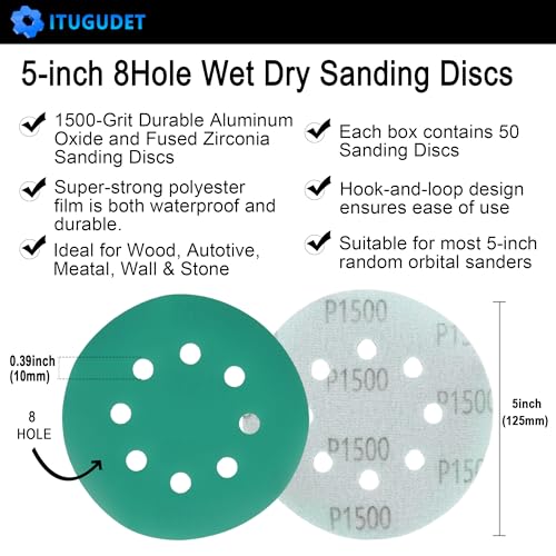 Image of 5 Inch 8 Hole 1500 Grit Zirconia Alumina Hook & Loop Sanding Discs, Heavy-Duty Polyester Film Backing, Wet /Dry Sandpaper for Random Orbital Sanders - Wood, Automotive, Metal - 50 Pack