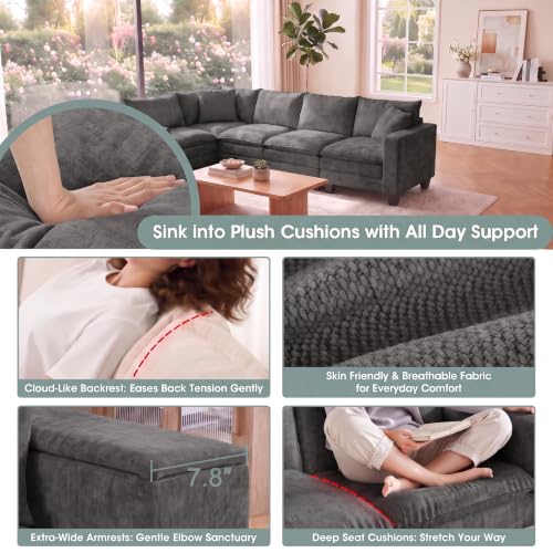 Image of 97 inch V Shaped 5 Seat Sectional Couch, Comfy Chenille Upholstered Modular Cloud Sofa, Convertible L Shaped Corner Couch with Storage Armrests & 2 Pillows, Sectional Couches for Living Room, Grey