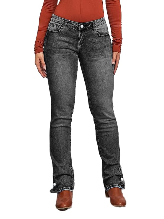 Women's Classic Bootcut Jeans, Light Wash Denim, Button Hem Detail