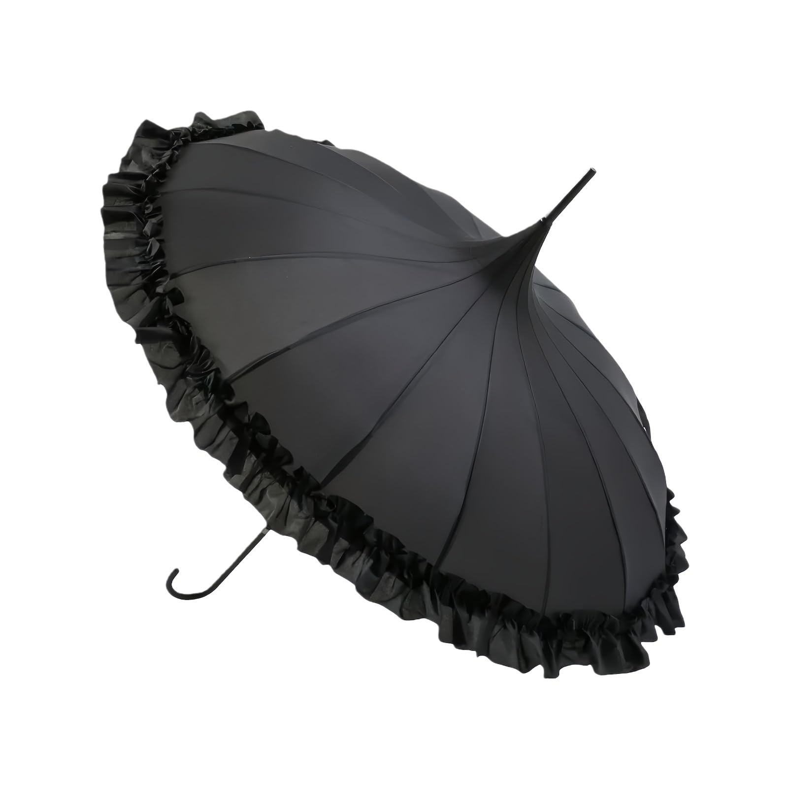 UTHDLM Pagoda Umbrella, PU J-Shaped Handle Umbrella for Rain, Windproof Sun UV Protection, 16-Rib, Classic Lace Umbrella for Bride Wedding, Party(Black)