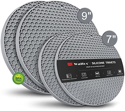 Silicone Trivet Mats - Walfos Heat Resistant Pot Holders Set, 4pcs 2 Sizes 7 Inch & 9 Inch, Multipurpose Non-Slip Hot Pads for Hot Pot, Hot Dishers, Jar Opener, Food Grade & BPA Free (Nordic Grey)