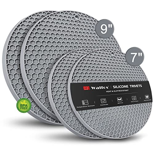 Image of Silicone Trivet Mats - Walfos Heat Resistant Pot Holders Set, 4pcs 2 Sizes 7 Inch & 9 Inch, Multipurpose Non-Slip Hot Pads for Hot Pot, Hot Dishers, Jar Opener, Food Grade & BPA Free (Nordic Grey)
