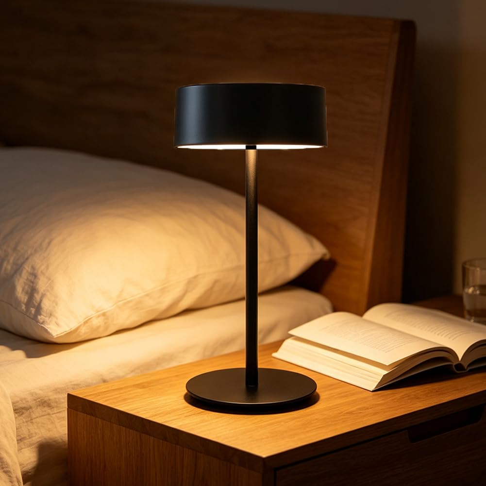 LED Tischlampe Kabellose Portable Akku Tischleuchte USB Aufladbar Aluminium Dimmbar Nachttischlampe Batteriebetrieben 3 Farbtemperatur Nachtlicht Touch Schalter für Esszimmer Terrasse,Schwarz