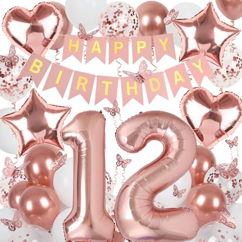 Image of Rose Gold 12th Birthday Decorations for Girl, 12 Year Old Sign with Happy Birthday Banner, 40In Number 12 Foil Birthday Balloons, Butterfly Decorations, Heart and Star Balloons
