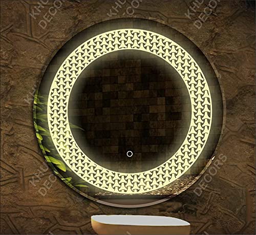 Image of LED Mirror Glass Bathroom Wall - Decorative Led Mirror with Touch Sensor Lights Cabinet Vanity Wall Design Darpan Full Length for Home (21x21 Inch Round DH11)
