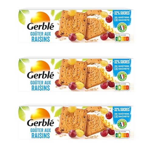 Gerblé - Gerblé, Biscuits Gouter Raisin, Allegés en sucres, Riches en fibres, Sans huile de palme, pack de 3 boîtes