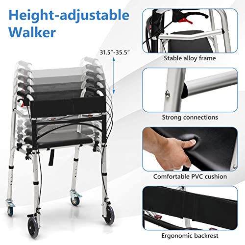 SPORFIT Folding Walker for Seniors, Height Adjustable Rolling Walker W/Reversible Cushion Seat & Wheels, 350 lbs Heavy Metal Frame Walking Aid W/Double Brakes, Ergonomic Brackets - Thumbnail 4