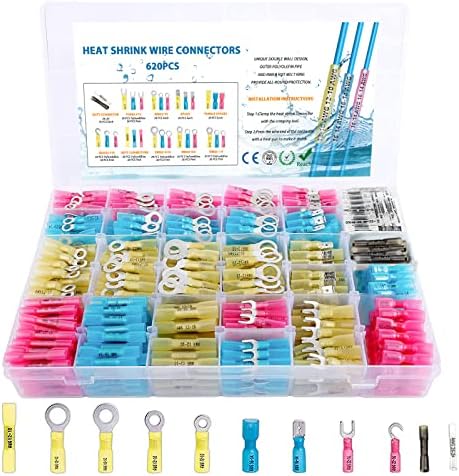 620PCS Heat Shrink Wire Connectors-5 Colors / 10 Sizes Electrical Connectors-Waterproof Marine Automotive Terminals Kit-Ring Fork Hook Spade Butt Splices