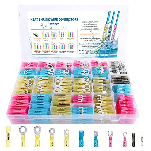 620Pcs Heat Shrink Wire Connectors-5 Colors / 10 Sizes Electrical Connectors-Waterproof Marine Automotive Terminals Kit-Ring Fork Hook Spade Butt Splices #TOP16